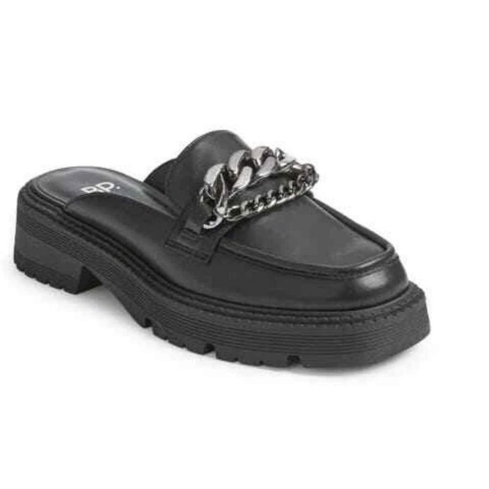 BP. Platform Loafer Mules Women 9.5 Black Excellent Chain Lug Sole Slip On Edgy